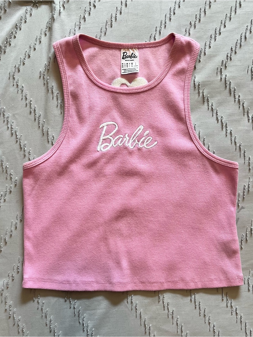 Barbie 2022 Pink Ribbed Cropped Tank Top Embroidered Logo Size L - Picture 3 of 5